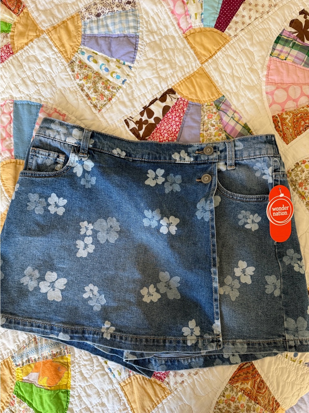 Vintage Style Denim Skort with Elastic Waistband - Blue